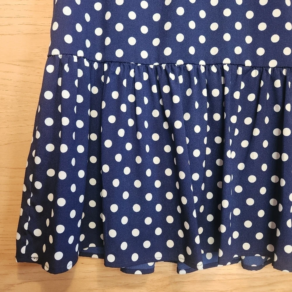 CREMIEUX BRISTOL NAVY WHITE SLEEVELESS POLKA DOT RUFFLE BOTTOM DRESS SZ 8 - Picture 2 of 6